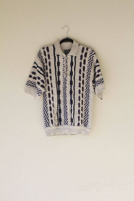 90s Mens Coogi Short Sleeve Taupe and Blue Tone Kn