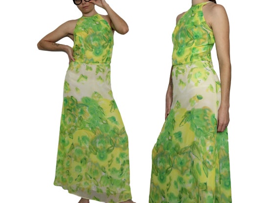 Caché Green Chartreuse Chiffon Halter Top Maxi S