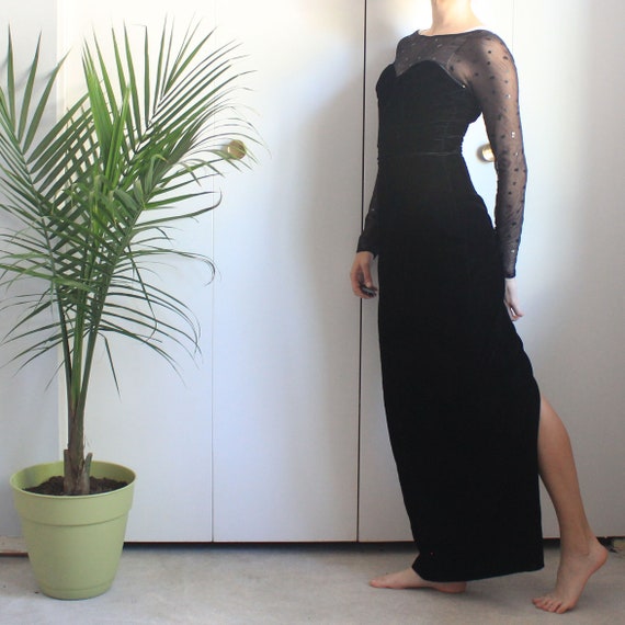 DanHalenVintage Early 90's Vintage Black Velvet Sheer Long Sleeve Corset Bodice Sheath Dress