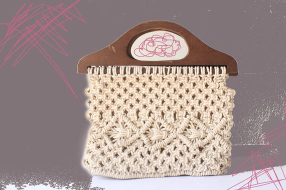 70's Macrame Wooden Handle Bag