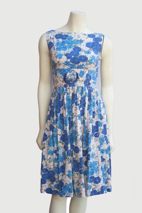 50's Vintage Blue Floral Cotton Sleeveless Tea Dre