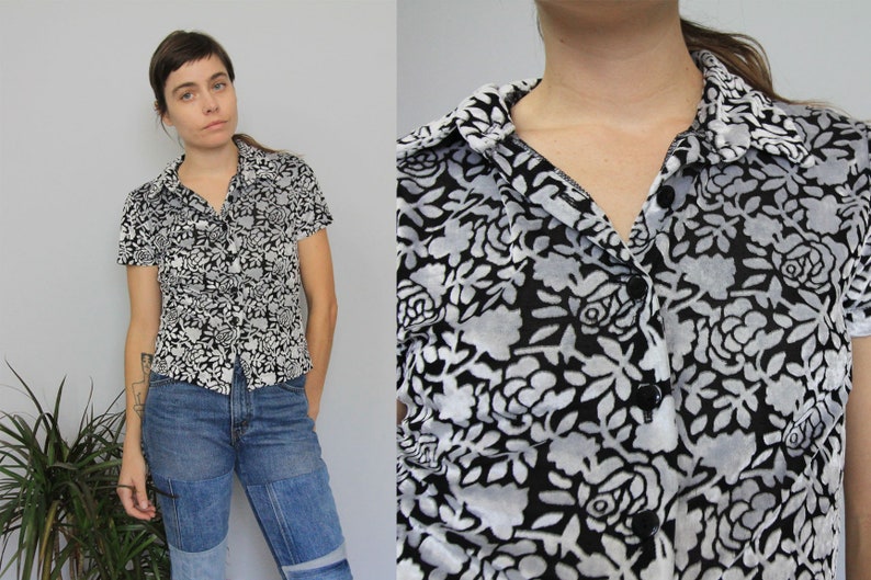 90/'s Velvet Burn Out Black White Floral Top