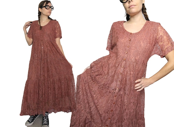 Early 90s Vintage Lace Rayon Deep Nude Maxi Dress