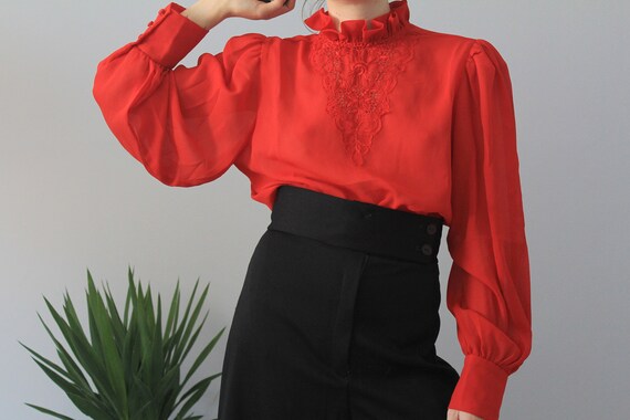 Vintage Red Sheer Chiffon Ruffle Neck Bishop Sleev