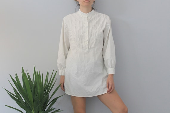 70's Vintage White Cotton Mandarin Collar Tunic