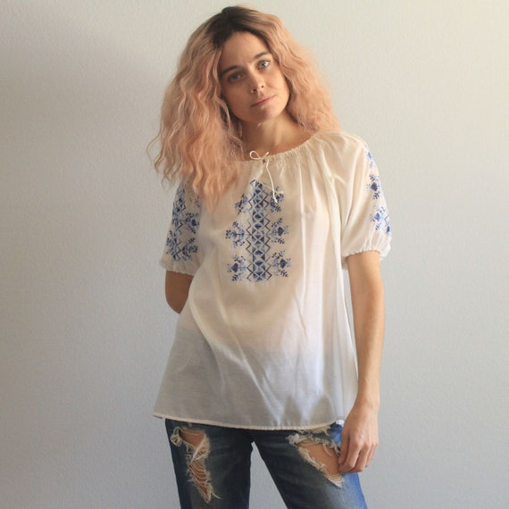 70's Super Sheer Hand Embroidered Peasant Blouse