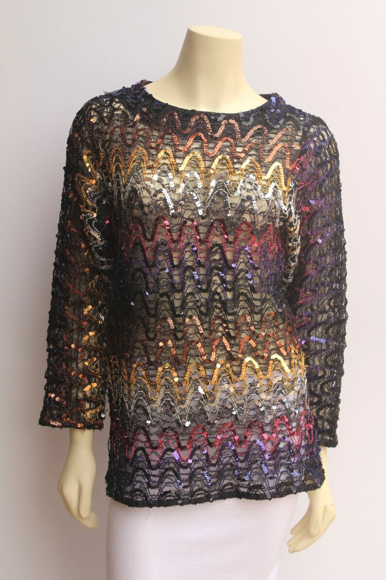 80/'s Vintage Sheer Sequined Long Sleeve Boat Neck Top