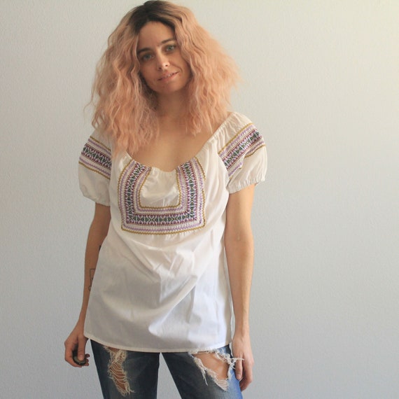 70's Hand Embroidered Handmade Peasant Blouse