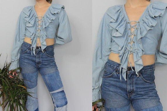 90's Denim Ruffle Front Poet Sleeve Corset Lace Cr