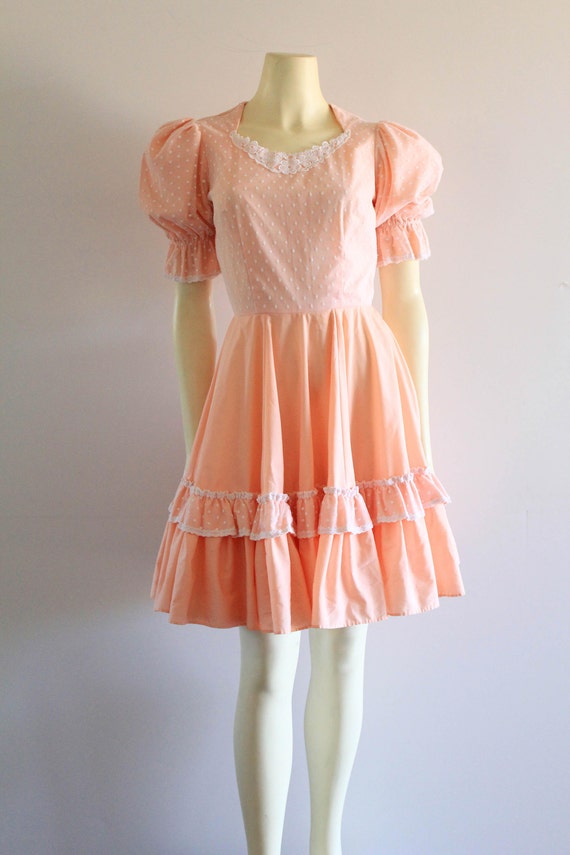 Late 70's Vintage Puff Sleeve Ruffle Flare Peach B