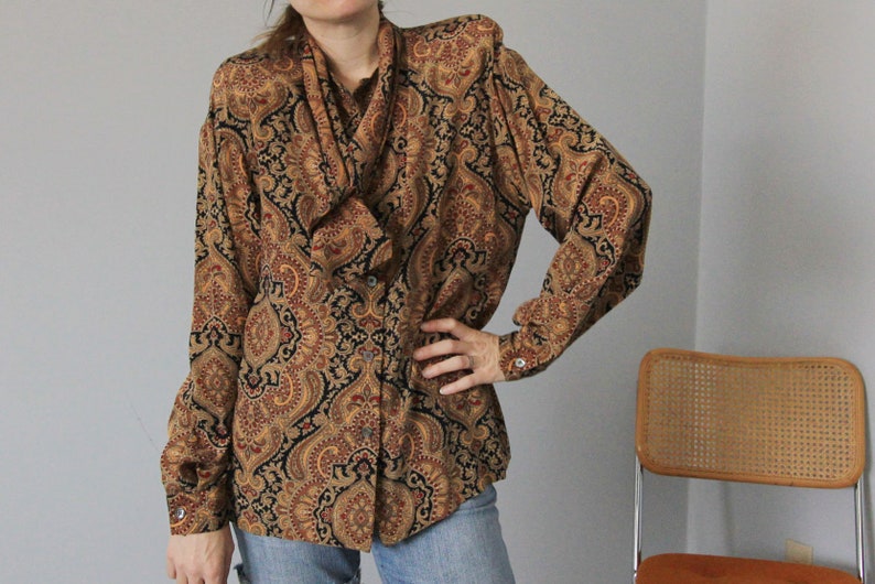 80/'s Neutral Silk Ornate Filigree Pussy Bow Dana Buchman Blouse