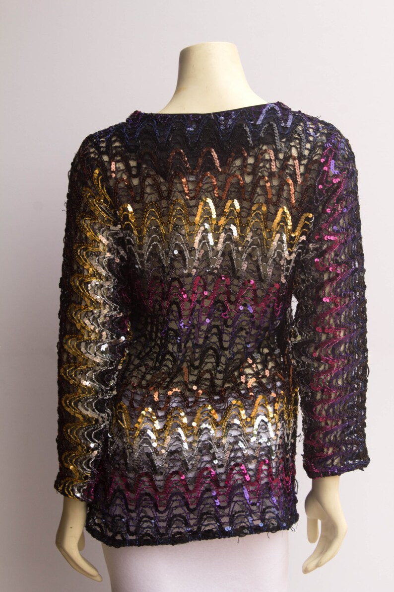 80/'s Vintage Sheer Sequined Long Sleeve Boat Neck Top