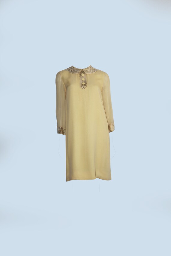 60s Vintage Pastel Yellow Silk Beaded Peter Pan Co