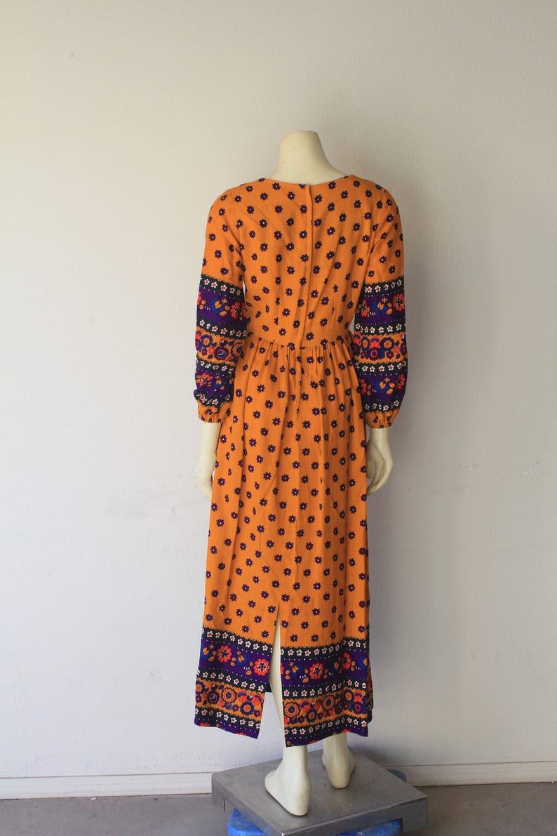 60/'s70/'s Vintage Mustard Yellow Long Sleeve Floral Cotton Festival /'Night Beat/' Maxi Dress