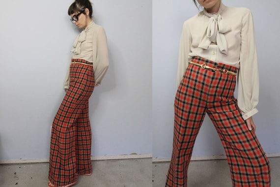 70's Tartan Plaid Wide Leg High Waist Pants
