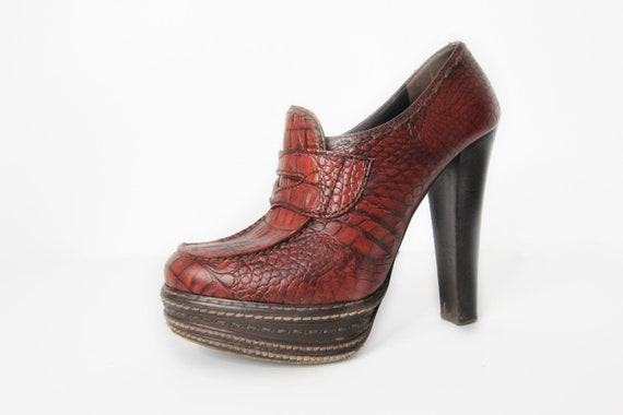 Prada Croc Embossed Platform Penny Loafer Heels