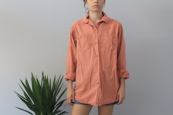 90's Vintage Salmon Pink Denim Chambray Lace Yoke