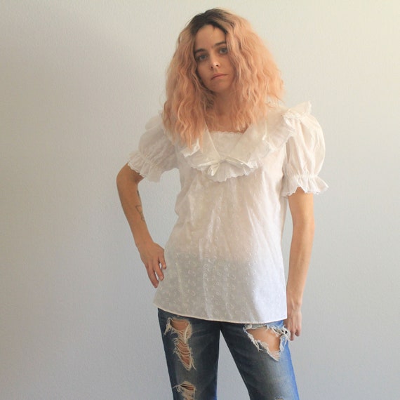 70's Vintage White Puff Embroidered Sailor Collar