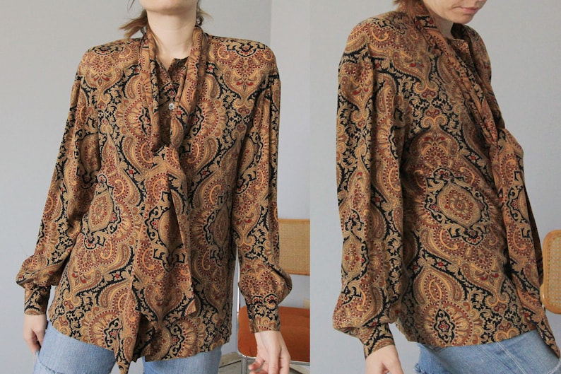 80/'s Neutral Silk Ornate Filigree Pussy Bow Dana Buchman Blouse