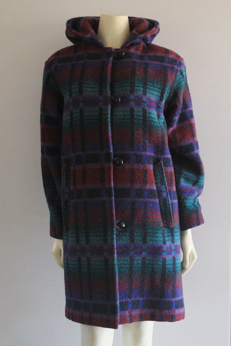 Late 70/'s Vintage L.L.Bean Teal Purple /& Burgundy Hooded Wool Coat w Toggle Buttons