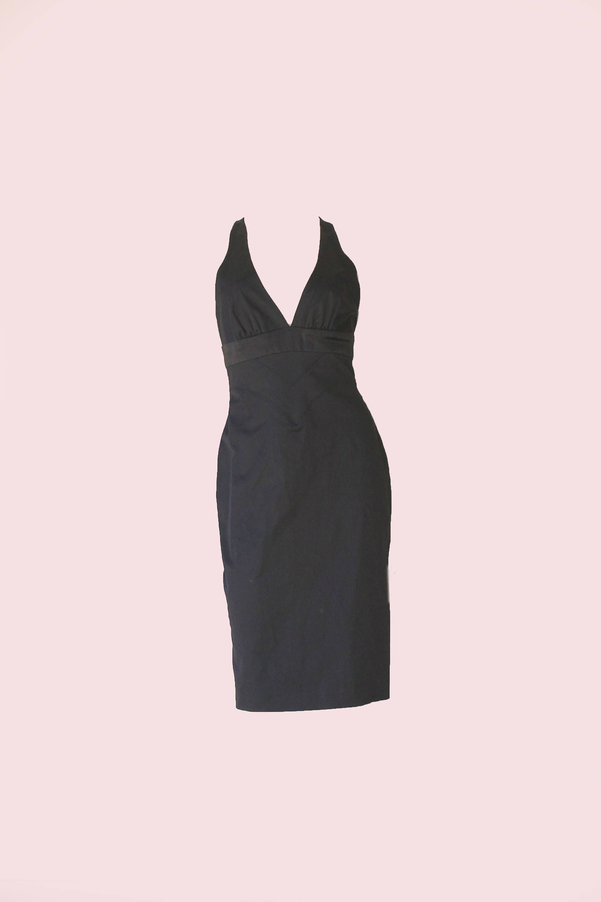 90 S Vintage Bebe Black Satin Plunge Neck Halter Sheath Dress