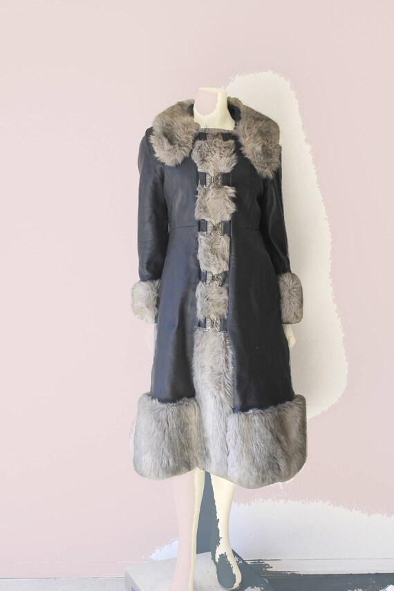 70's Vintage Charcoal Grey Leather Faux Fur Alpaca