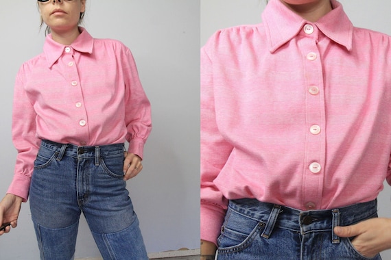 70's Pink Double Knit Winged Collar Shirt
