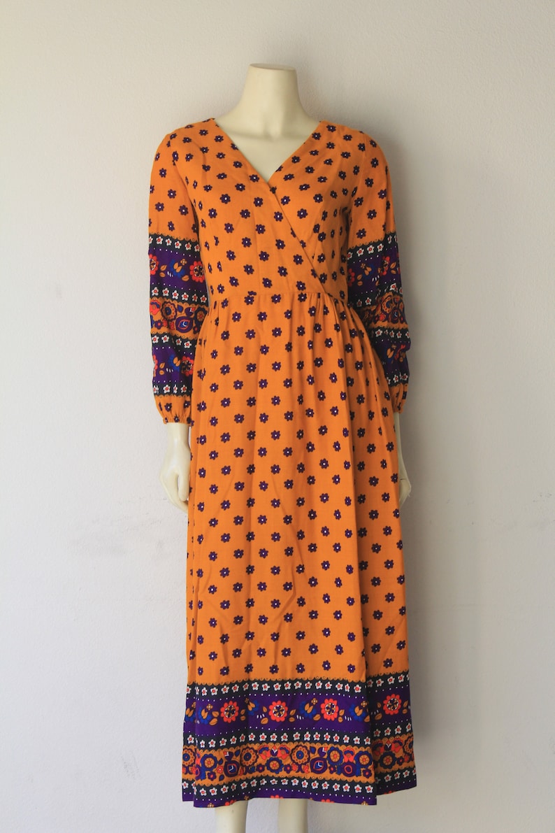 60/'s70/'s Vintage Mustard Yellow Long Sleeve Floral Cotton Festival /'Night Beat/' Maxi Dress