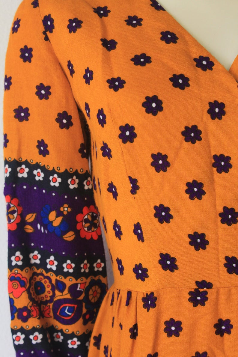 60/'s70/'s Vintage Mustard Yellow Long Sleeve Floral Cotton Festival /'Night Beat/' Maxi Dress