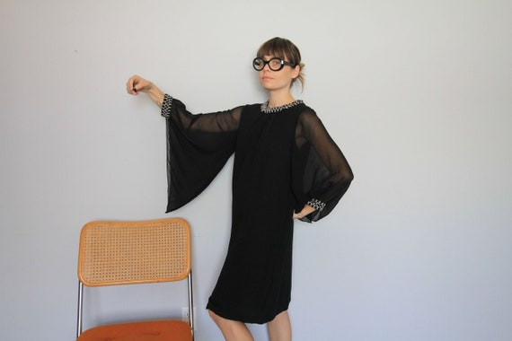 Black Chiffon Angel Sleeve Mid Century Black Shift