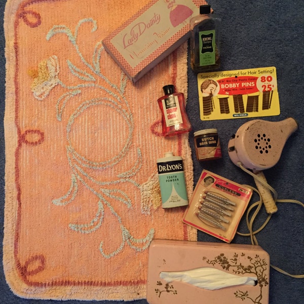 1950s Bathroom Essentials Lot - Original Products, Bathmat, Hairdryer & More