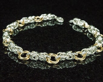 Byzantine Rosette Chain Mail Bracelet Argentium Silver and 14k Gold Fill