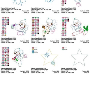 K&ouml;nnte beinhalten: Maschinenstickmuster mit Schneeflocken, Winterfeen und Sternen. Die Designs umfassen verschiedene Farbpaletten und Stichzahlen, mit Ma&szlig;en in Millimetern.