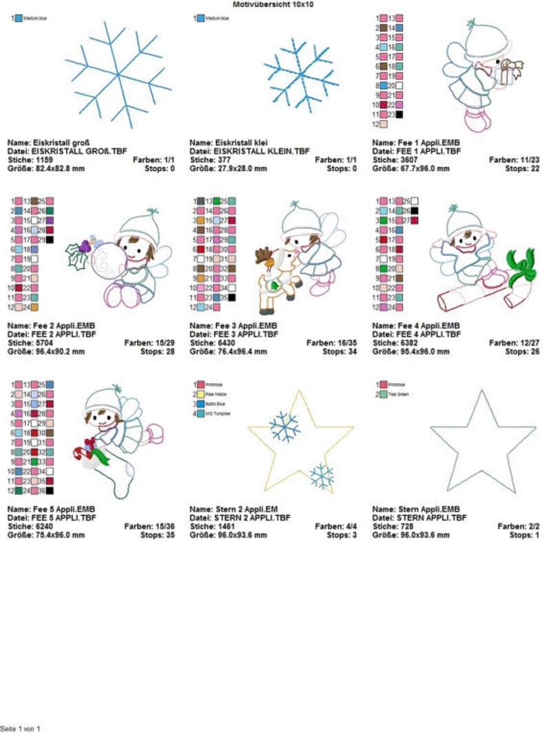 K&ouml;nnte beinhalten: Maschinenstickmuster mit Schneeflocken, Winterfeen und Sternen. Die Designs umfassen verschiedene Farbpaletten und Stichzahlen, mit Ma&szlig;en in Millimetern.