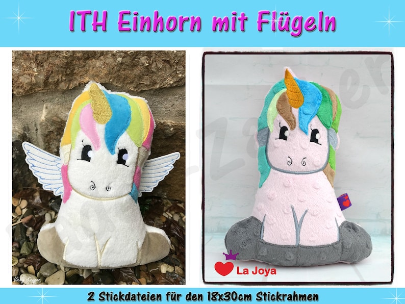 Puede incluir: Un unicornio de peluche con una melena arco&iacute;ris y un cuerno dorado. El unicornio tiene alas blancas y est&aacute; sentado. El texto "ITH Einhorn mit Fl&uuml;geln" est&aacute; en la parte superior. El texto "2 Stickdateien f&uuml;r den 18x30cm Stickrahmen" est&aacute; en la parte inferior.