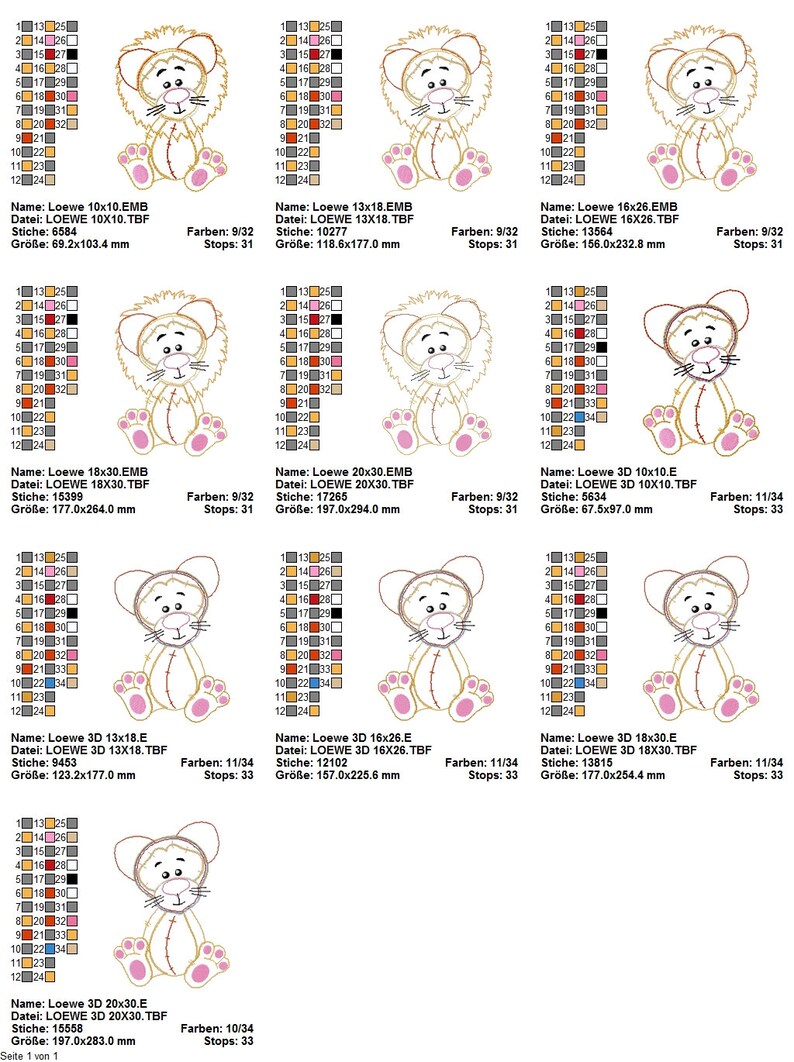 May include: A set of 10 embroidery designs featuring a cartoon lion in various sizes. The lion is sitting with its paws crossed and has a cute, friendly expression. The designs are available in multiple sizes, ranging from 10x10 cm to 20x30 cm.
