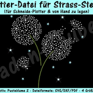 May include: A digital design file for a dandelion with two blooms, perfect for creating rhinestone embellishments. The design is available in SVG, DXF, and PDF formats and comes in four sizes.