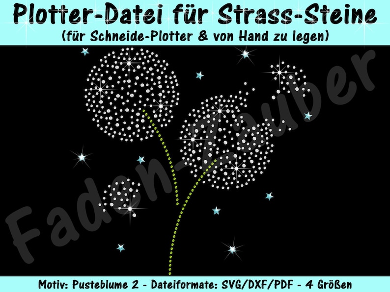 May include: A digital design file for a dandelion with two blooms, perfect for creating rhinestone embellishments. The design is available in SVG, DXF, and PDF formats and comes in four sizes.