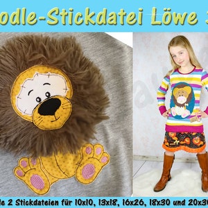May include: A digital embroidery design of a lion with a brown mane and a yellow body. The design is available in multiple sizes, including 10x10, 13x18, 16x26, 18x30, and 20x30 inches.