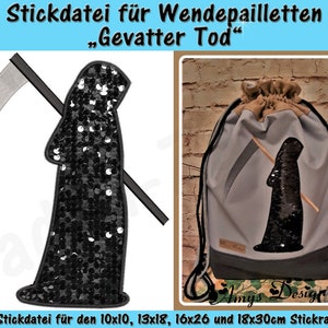 Aplicación de lentejuelas reversibles Grim Reaper - conjunto de archivos de bordado para el marco de 10 x 10 cm a 18 x 30 cm imagen 1