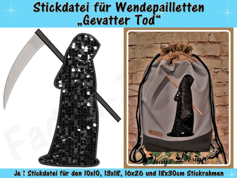 Aplicación de lentejuelas reversibles Grim Reaper - conjunto de archivos de bordado para el marco de 10 x 10 cm a 18 x 30 cm imagen 1