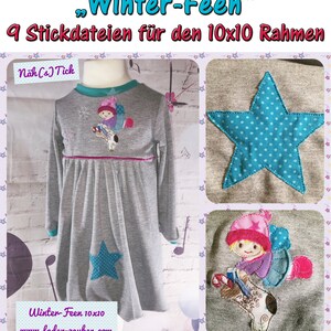 K&ouml;nnte beinhalten: Graues Langarmkleid mit t&uuml;rkisfarbenen und rosa Bes&auml;tzen, bestickt mit Sternen und Feen. Das Bild enth&auml;lt den Text "Winter-Feen" und "9 Stickdateien f&uuml;r den 10x10 Rahmen".