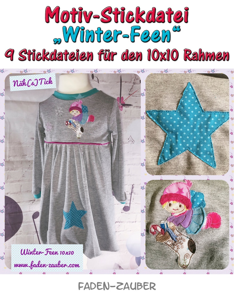 K&ouml;nnte beinhalten: Graues Langarmkleid mit t&uuml;rkisfarbenen und rosa Bes&auml;tzen, bestickt mit Sternen und Feen. Das Bild enth&auml;lt den Text "Winter-Feen" und "9 Stickdateien f&uuml;r den 10x10 Rahmen".