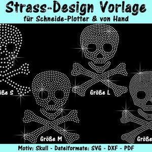 May include: Four rhinestone skull and crossbones designs in different sizes: small, medium, large, and extra large. The designs are on a black background and are perfect for crafting projects.
