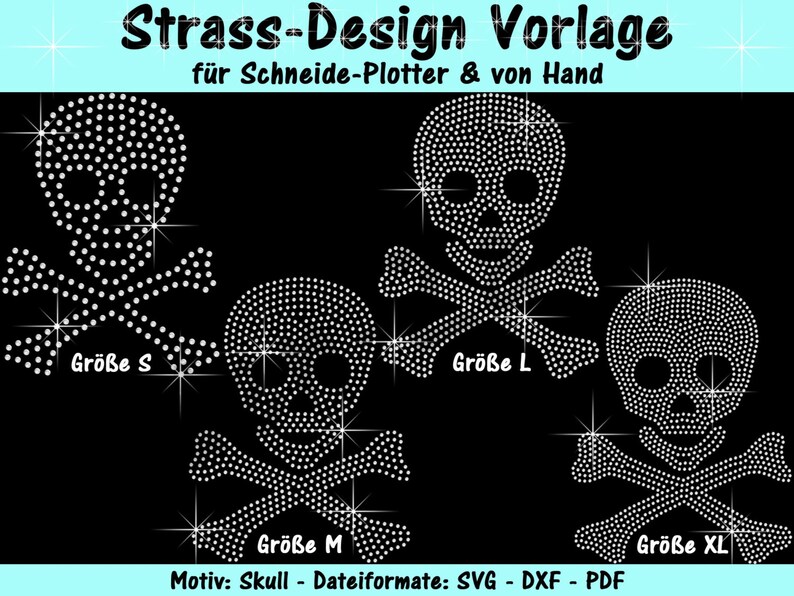Puede incluir: Cuatro dise&ntilde;os de calavera y huesos cruzados de strass en diferentes tama&ntilde;os: peque&ntilde;o, mediano, grande y extra grande. Los dise&ntilde;os est&aacute;n sobre un fondo negro y son perfectos para proyectos de manualidades.