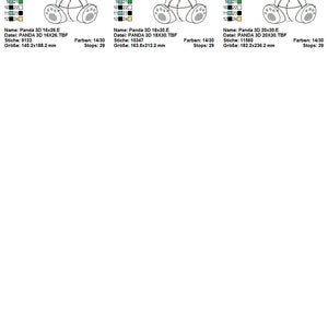 May include: Three different sizes of a black and white 3D embroidery design of a panda bear sitting down. The design is labeled "Panda 3D" with the size and date of the design. The design is 16x26 inches, 18x30 inches, and 20x30 inches.