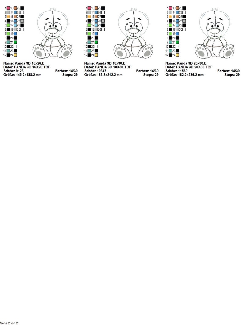 May include: Three different sizes of a black and white 3D embroidery design of a panda bear sitting down. The design is labeled "Panda 3D" with the size and date of the design. The design is 16x26 inches, 18x30 inches, and 20x30 inches.