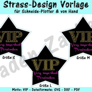 May include: Three black star-shaped iron-on patches with gold glitter VIP lettering and the text "Very important Persönchen" in pink. The patches are labeled with sizes S, M, and L.