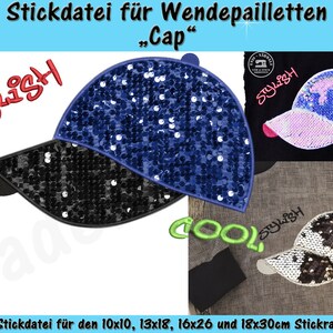 Könnte beinhalten: Eine Stickdatei für eine Wendepailletten-Baseballkappe. Die Kappe ist auf der einen Seite blau und schwarz und auf der anderen Seite schwarz und weiß. Das Design enthält die Wörter "Stylish" und "Cool".