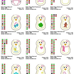 May include: A collection of penguin-shaped embroidery designs. Each design features a penguin with various embellishments, including a baby bib, mittens, a four-leaf clover, a gingerbread man, a moon, a heart, a scarf, a snowflake, stars, and a candy cane.